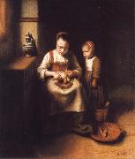 Nicolas Maes A Woman Scraping Parsnips,with a Child Standing by Her oil painting